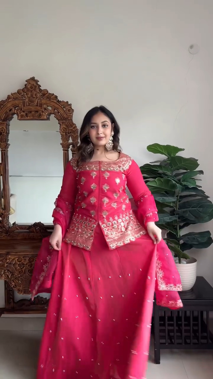 Royal Pink Embroidered Jacket with Flared Anarkali Set